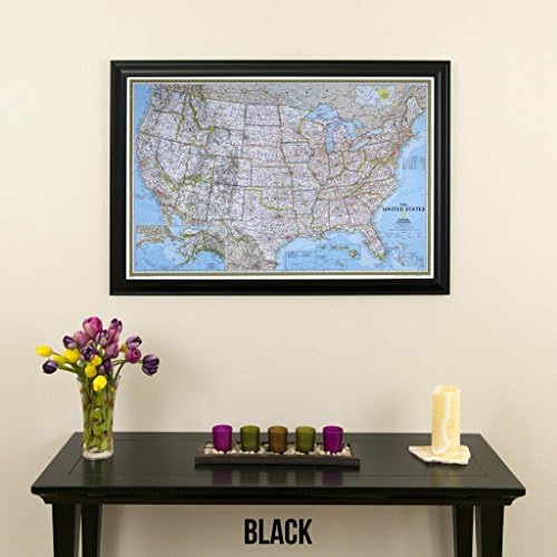 İtme Pimi Seyahat Haritaları Siyah Çerçeveli ve İğneli Klasik ABD-27,5 inç x 39,5 inç