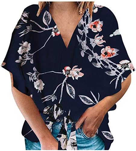 Kadınlar için rahat Gevşek Artı Boyutu Gömlek Bluzlar, Trendy V Yaka Baskı Dantel-up Kısa Kollu T-Shirt Tops