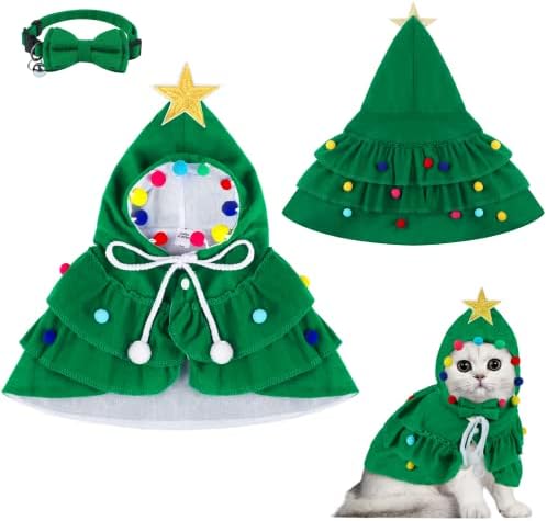 Pedgot Pet Noel Kostüm Yeşil Kedi Santa Cape ile Santa Şapka Köpek Noel Pelerin ile Yıldız ve Ponponlar Kedi tasmaları ile Çan