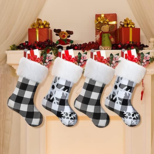 4 Adet 18 İnç Buffalo Ekose Noel Kar Tanesi Çorap ile Faux Kürk Manşet Buffalo Kontrol Asılı Noel Stocking için Noel Partisi
