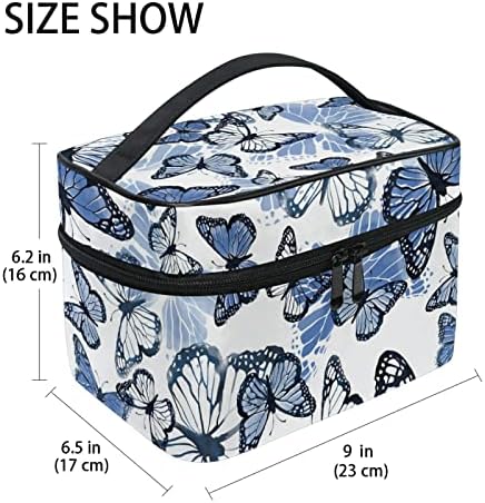JUAMA Retro Mavi Kelebekler Kozmetik Çantası Büyük Makyaj Organizatörler taşıma saplı çanta Taşınabilir Tuvalet Seyahat Çantası