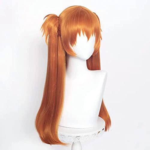 Zencefil Turuncu Peruk Asuka Cosplay Peruk + Saç Tokası Anime Pigtails Bayan Uzun Düz 2 Ponytails Cadılar Bayramı Saç Peruk +