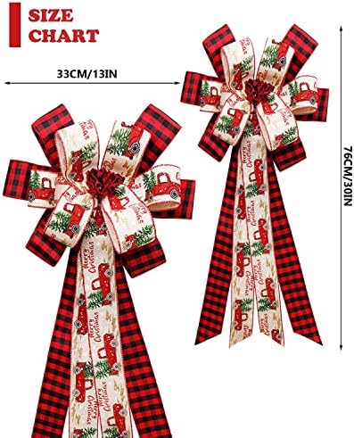 Noel Ağacı Topper, Yükseltme El Yapımı Buffalo Ekose Noel Süslemeleri, 13x30 İnç Kırmızı Siyah Çuval Bezi Noel Yay Topper, rustik