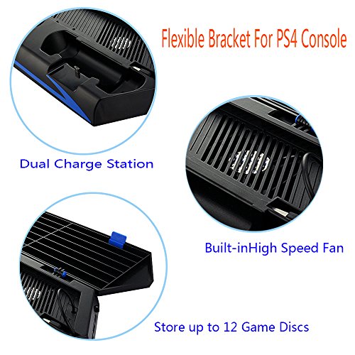 Aweek PS4 dikey stant Soğutma Fanı ile Playstation 4 Kontrolörleri için Çift Şarj İstasyonu ile Üç USB HUB Şarj Portu + 12 Oyun