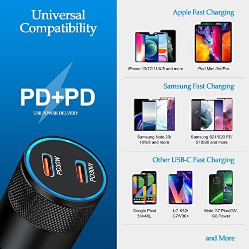 Süper Hızlı USB C Araç Şarj, 60 W Çift Bağlantı PD Araç Şarj Adaptörü ile 6FT USB C Güç Kablosu için Samsung Galaxy S21 Ultra,S20