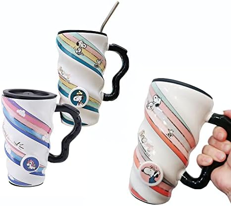 Boşta Decormay Büyük Kapasiteli 500 ML Kahve Kupa Karikatür Unicorn Köpek Çay Su Kupa Kaşık Kapaklı Set ve Saman Çay Fincanı