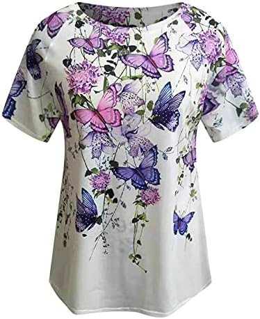 Sinohomie Yaz Kadınlar için Tops Kelebek ve Çiçek Baskılı Rahat Kısa Kollu Gevşek T-Shirt O-Boyun Gevşek Kazak Üst