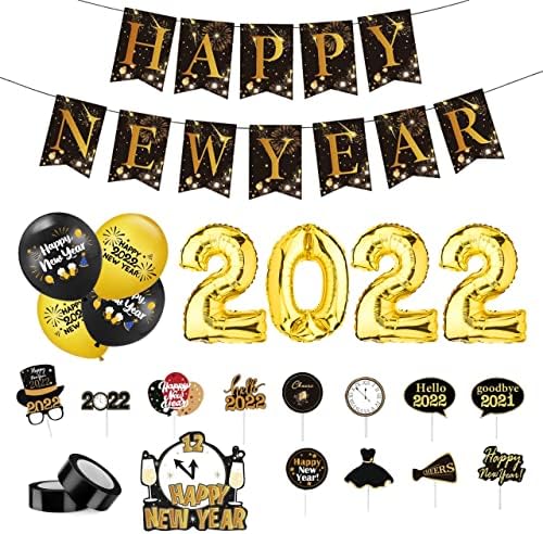 Jeemboo Yeni Yıl Arifesinde Parti Malzemeleri 2022-41 ADET Mutlu Yeni Yıl Süslemeleri 2022-Mutlu Yeni Yıl Afiş, Lateks Balonlar,