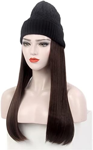 KLHHG Moda Avrupa ve Amerikan Bayanlar Saç Şapka Bir Siyah Örme Şapka Peruk Uzun Düz Açık Kahverengi Şapka Peruk Bir