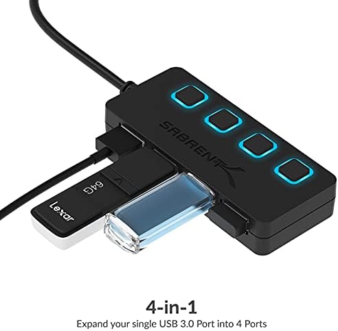 Sabrent 4 Portlu USB 3.0 Hub + 10 Ft 22AWG USB 3.0 Uzatma Kablosu-A - Erkek-A-Dişi Siyah
