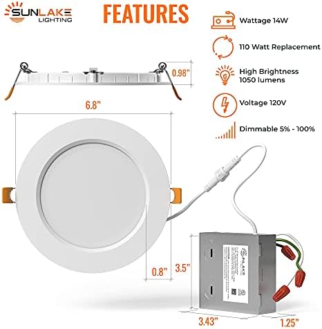 SunLake 12 Paket Gömme Aydınlatma LED Bağlantı Kutusu ile 6 inç Tavan Downlight - 1050 Lümen 14 WATT (110 WATT Eşdeğeri) Kısılabilir