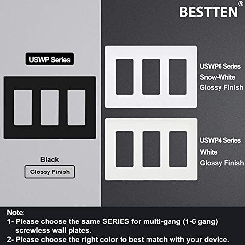 [2 Paket] BESTTEN 3-Gang Siyah Vidasız Duvar plakası, Kırılmaz Polikarbonat Çıkış kapağı, H4.69” x W6.54”, ışık anahtarı, Dimmer,