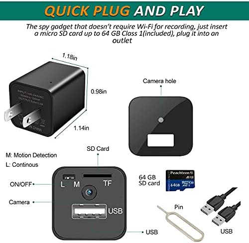 Casus Kamera Şarj Cihazı-USB Şarj Cihazı Kamera ve 64GB SD Kart, Gizli Kamera, Taşınabilir Mini Gizli Dadı Casus Kamera, Gizli