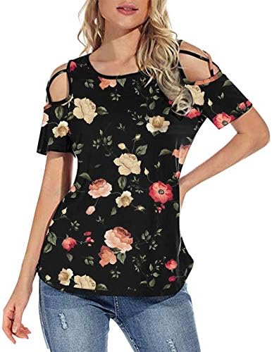 Qisemi Soğuk Omuz Kadınlar için Tops, kadın T Shirt Kısa Kollu Tunik Üstleri Çiçek Baskı O Boyun Strappy Bluz Gömlek