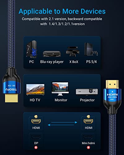 8 K HDMI 2.1 Kablo 6ft-TISOFU Sertifikalı 48 Gpbs Ultra HD Yüksek Hızlı HDMI Kablosu, Destekler 8K@60hz 4K@120hz/144Hz, HDR10,