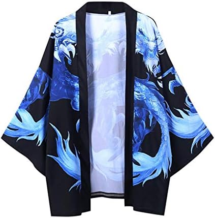 ZHDD Japon Kimono Hırka Mens için, gevşek Açık Ön 3/4 Kollu Hafif Ukiyoe Ejderha Baskı Ceket Rahat Pelerin