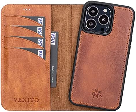 Venito Ravenna İnce Sihirli Deri Cüzdan iPhone için kılıf 13 Pro (6.1 inç) Manyetik Kapak ve Dört Kart Yuvası ve Fatura Cebi