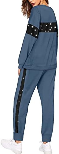 BHSJ Kadın 2 Parça Set Yuvarlak Boyun Renk Eşleştirme Rahat Üst Eşofman Altı Takım Elbise Set Renk Blok Tops İpli Pantolon