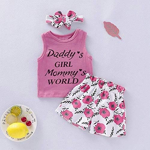 Toddler Kız Yaz Giysileri Küçük Kız Kıyafetler Sevimli Mektup Baskı Yelek Üst + Çiçek Şort Pantolon + Kafa Giyim Seti