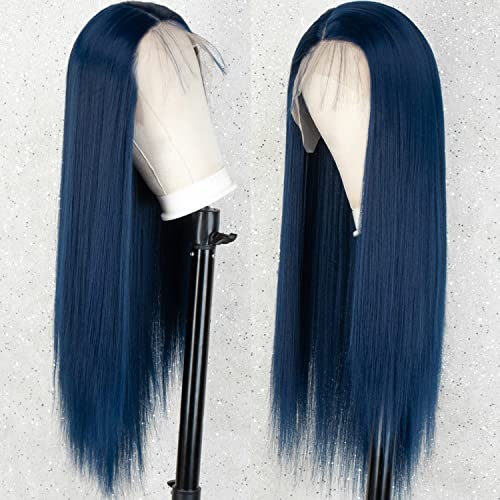 K'ryssma Lacivert Dantel ön peruk ıle Bebek Saç Uzun Düz Sentetik Peruk Kadınlar ıçin Doğal Görünümlü T Parçası Uzun Mavi Peruk